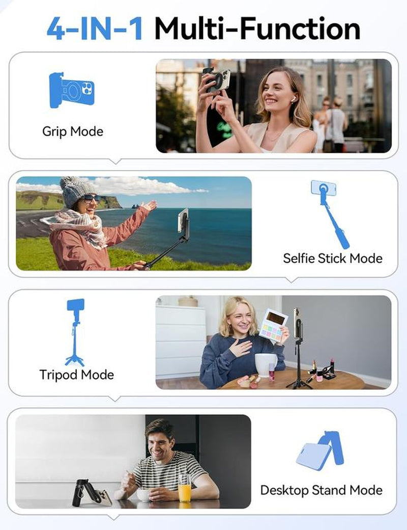 Factory Shop - New 4-In-1 Multifunctional Magnetic & Clamping Selfie Stick, 360 Rotating Angle, Mini Size, Foldable Storage, Phone Holder Tripod , Camera Grip, Vlog Live Photography Tool, Rechargable Remote Control, 1 Pcs Selfie LED Light