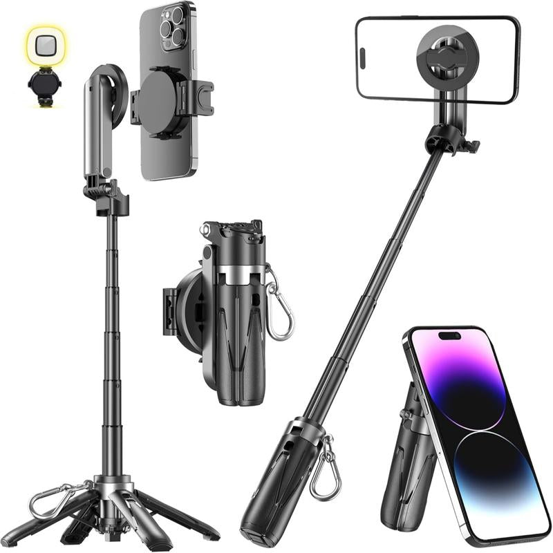 Factory Shop - New 4-In-1 Multifunctional Magnetic & Clamping Selfie Stick, 360 Rotating Angle, Mini Size, Foldable Storage, Phone Holder Tripod , Camera Grip, Vlog Live Photography Tool, Rechargable Remote Control, 1 Pcs Selfie LED Light