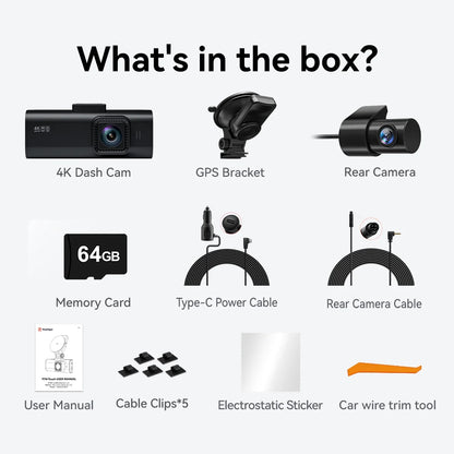 Dash Cam Front and Rear, Touch Screen Dash Camera with Wifi GPS, Voice Control, 4K Dashcam with Super Night Vision, WDR, 24H Parking Mode, Vehicle, Free 64GB Card