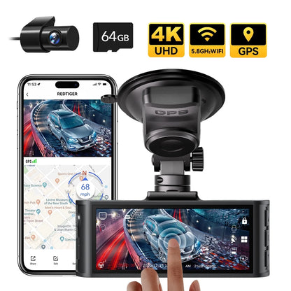 Dash Cam Front and Rear, Touch Screen Dash Camera with Wifi GPS, Voice Control, 4K Dashcam with Super Night Vision, WDR, 24H Parking Mode, Vehicle, Free 64GB Card