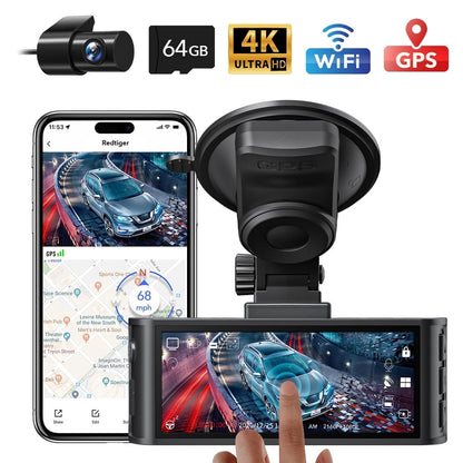 Dash Cam Front and Rear, Touch Screen Dash Camera with Wifi GPS, Voice Control, 4K Dashcam with Super Night Vision, WDR, 24H Parking Mode, Vehicle, Free 64GB Card